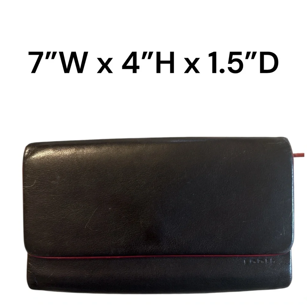 Vintage Lodis Los Angeles Smooth Black Leather Wallet Clutch Red Trim Zip Coin